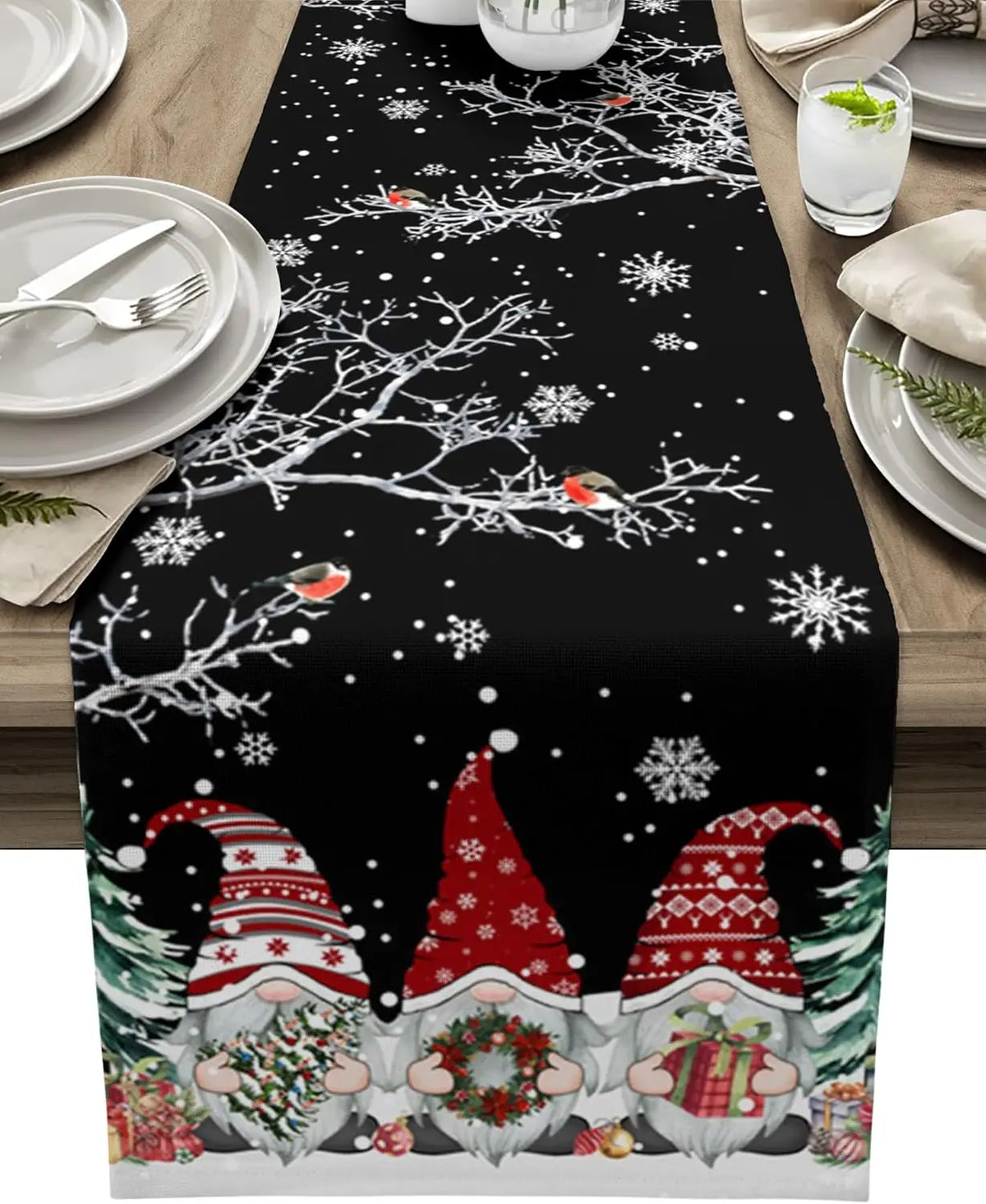 Christmas Tablecloth with Snow Gnome - Luxury Linen Christmas Decoration
