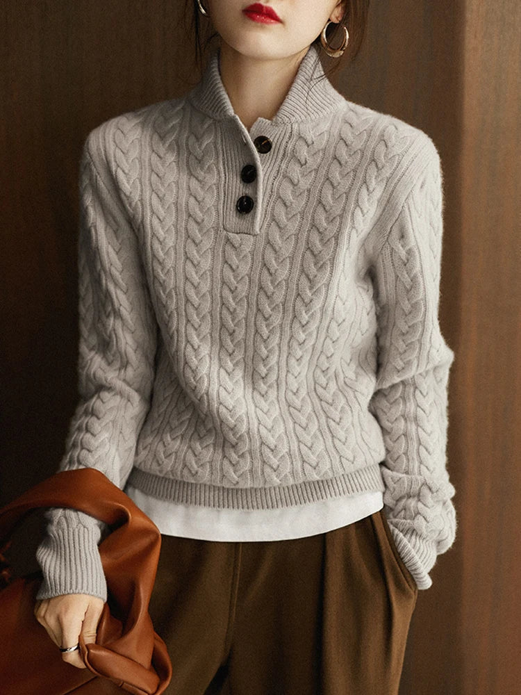 Sharmaine Kvinders Knappet Sweater – Blød Kabelstrik Sweater med Elegant Krave