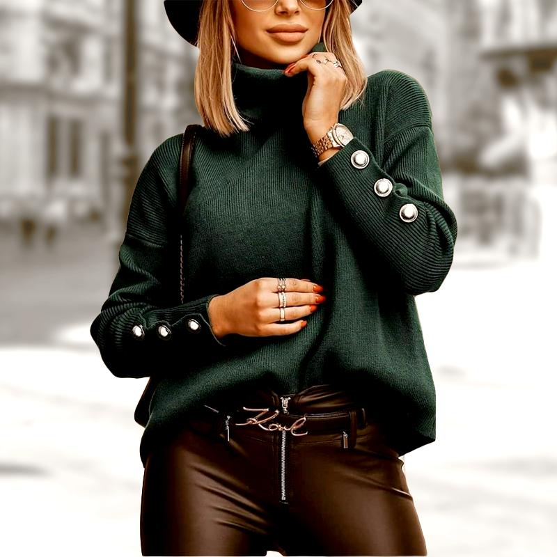 Maisie Turtleneck Sweater til kvinder – Oversized Ribstrikket med Elegante Knapærmer
