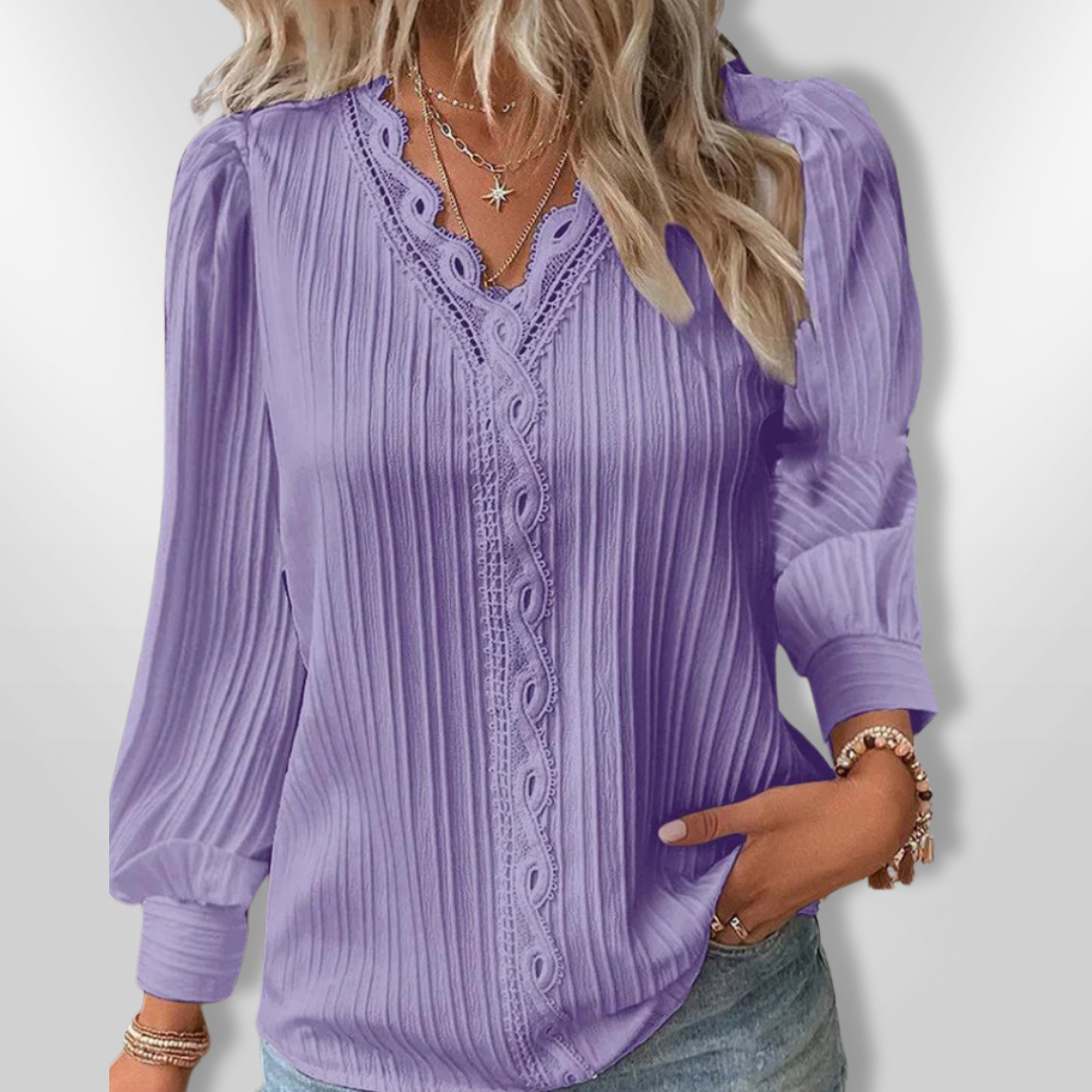 Skjortebluse Dame Plisseret Design Mousseline med Blonde Detaljer