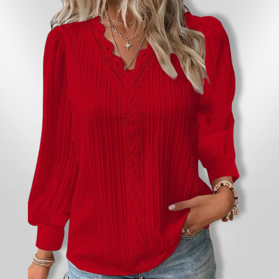 Skjortebluse Dame Plisseret Design Mousseline med Blonde Detaljer