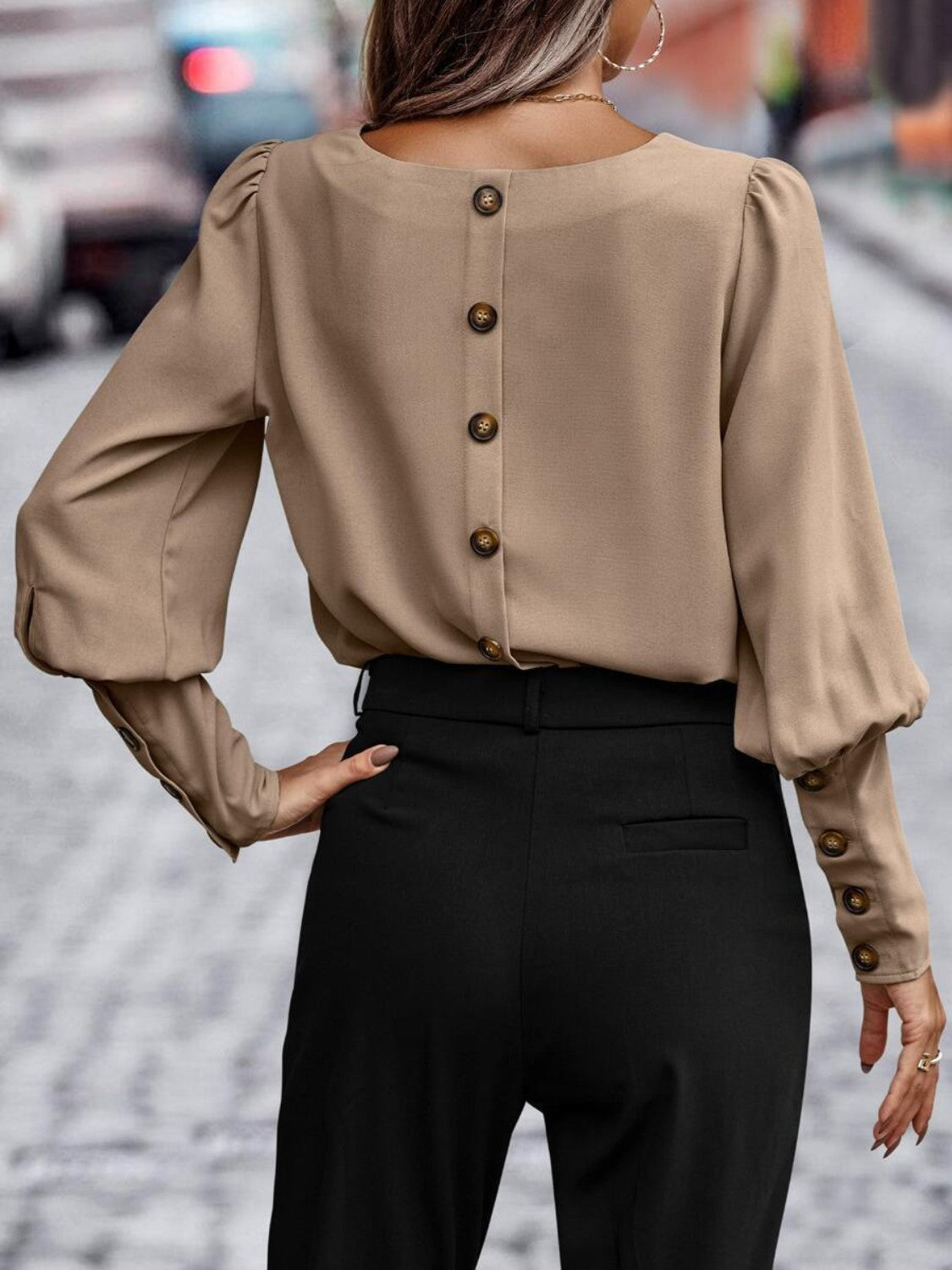 Skjortebluse Kvinders Rund Hals Lantern Sleeve