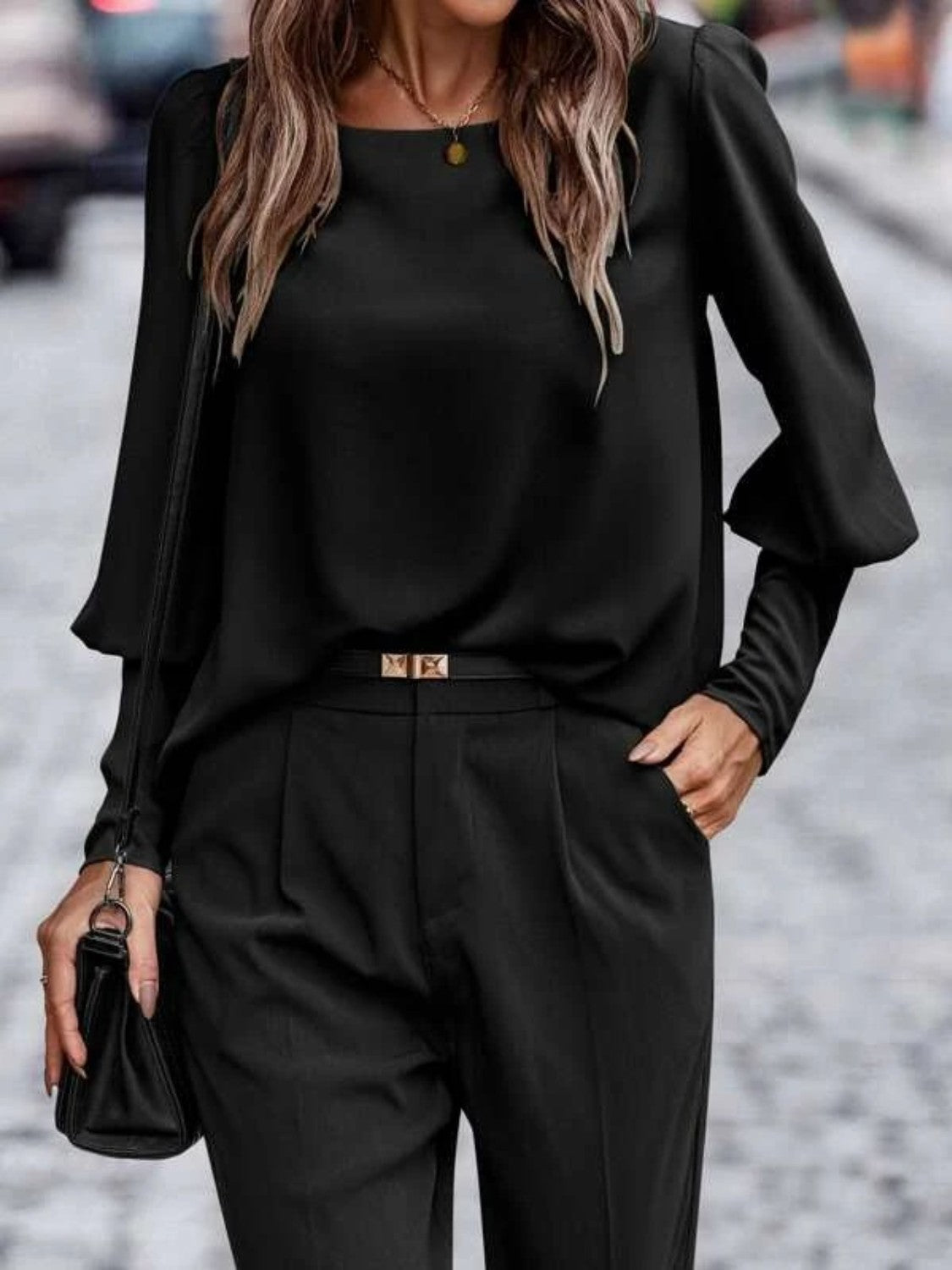Skjortebluse Kvinders Rund Hals Lantern Sleeve