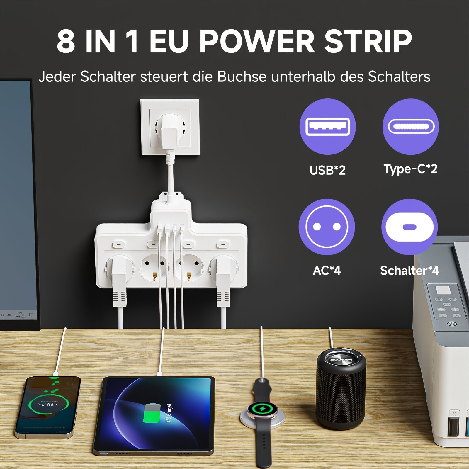 Strømskinne 7-i-1 Med 4 AC-udtag Og 2 USB-porte - Kompakt Design Til Hjemmet Og Kontoret