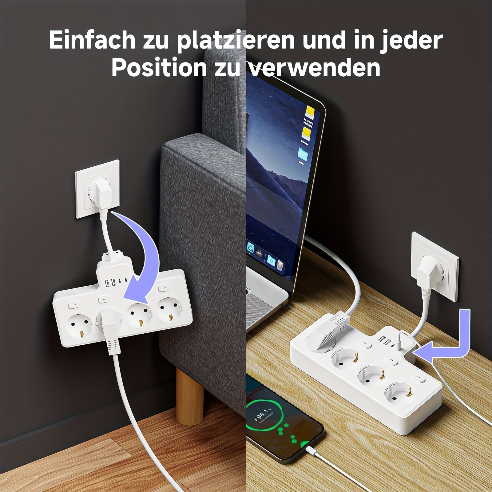 Strømskinne 7-i-1 Med 4 AC-udtag Og 2 USB-porte - Kompakt Design Til Hjemmet Og Kontoret