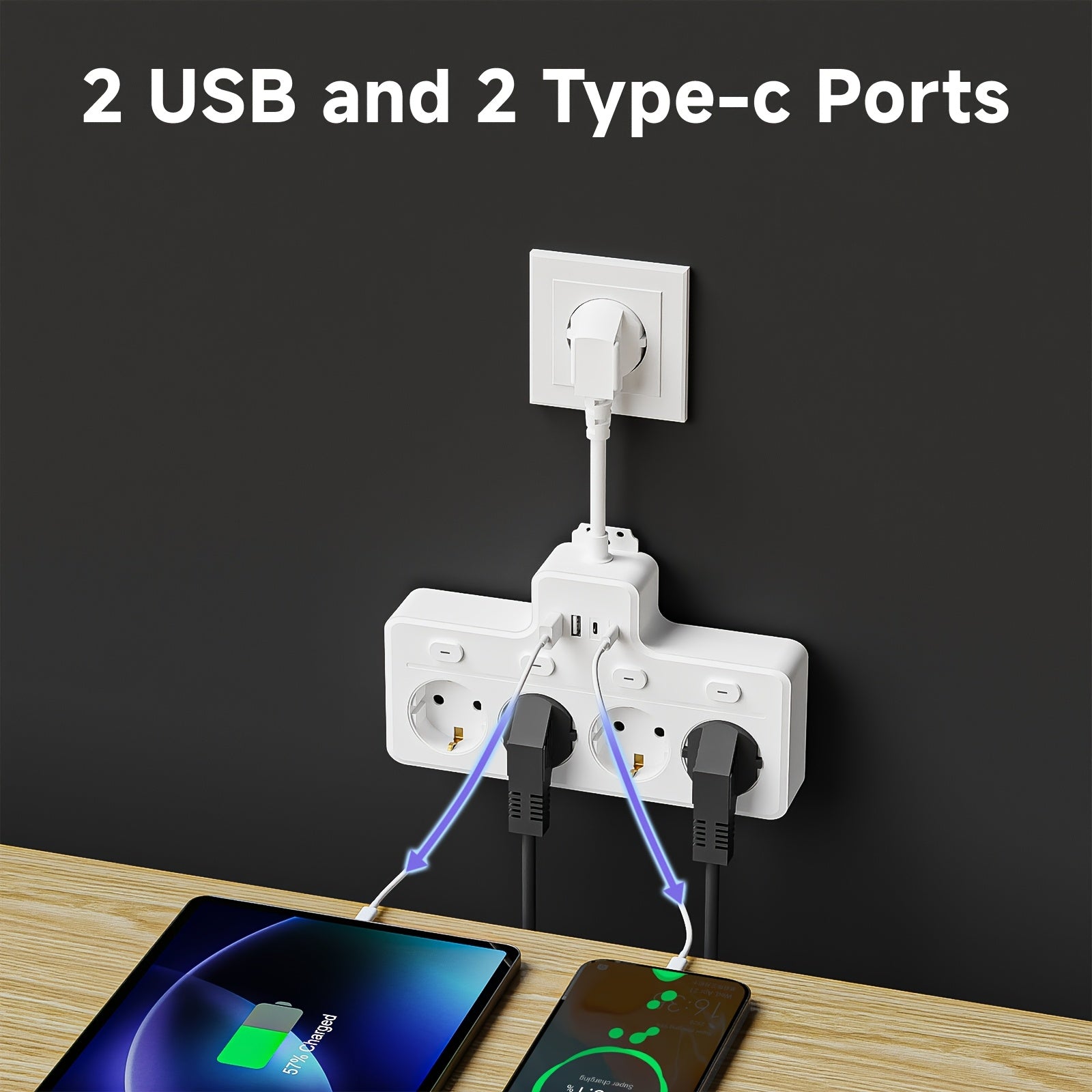 Strømskinne 7-i-1 Med 4 AC-udtag Og 2 USB-porte - Kompakt Design Til Hjemmet Og Kontoret