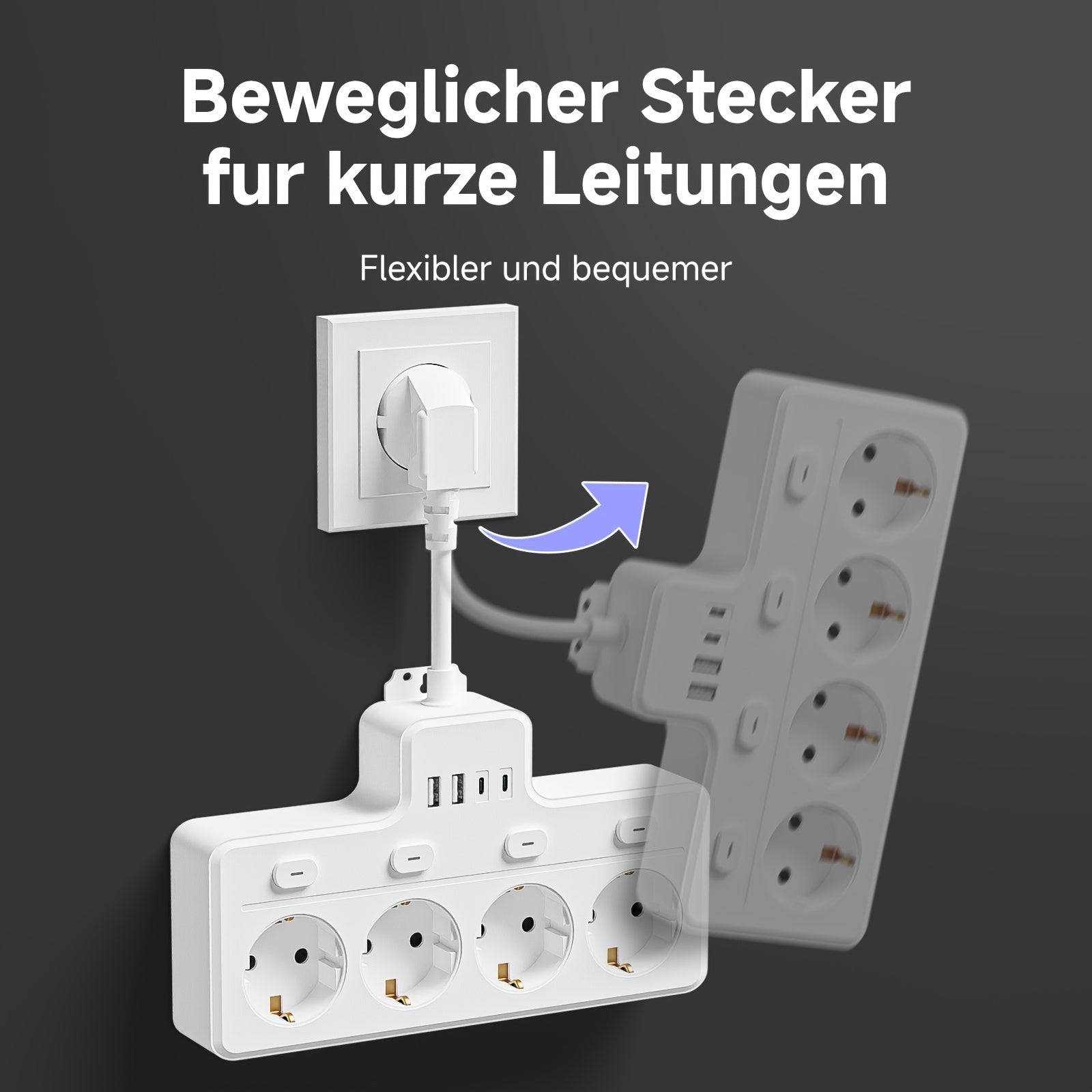 Strømskinne 7-i-1 Med 4 AC-udtag Og 2 USB-porte - Kompakt Design Til Hjemmet Og Kontoret