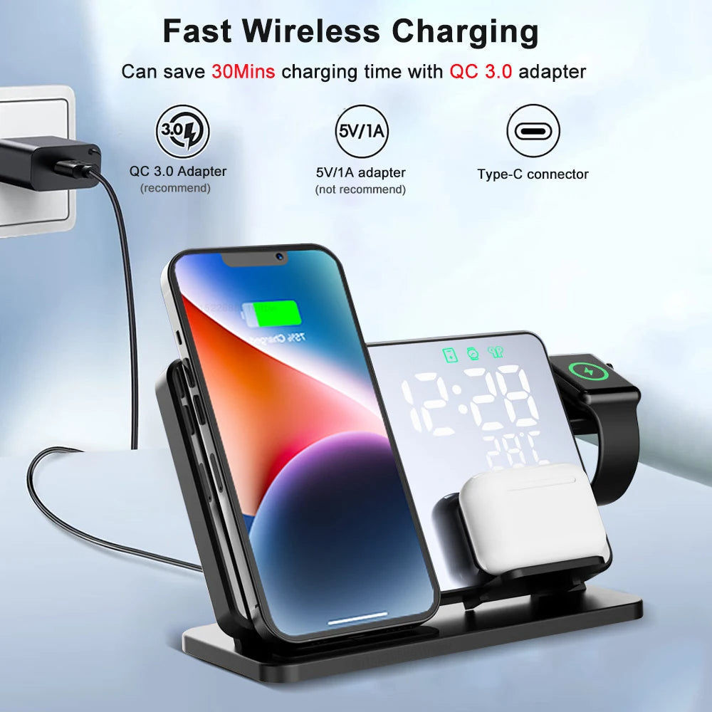 Trådløs Oplader 3-i-1 Til iPhone Med Vækkeur