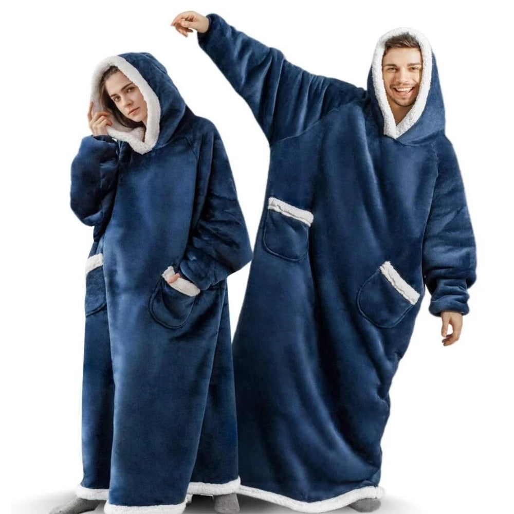 Unisex fleecepyjamas med ærmer – lang hætte-trøje i flannel