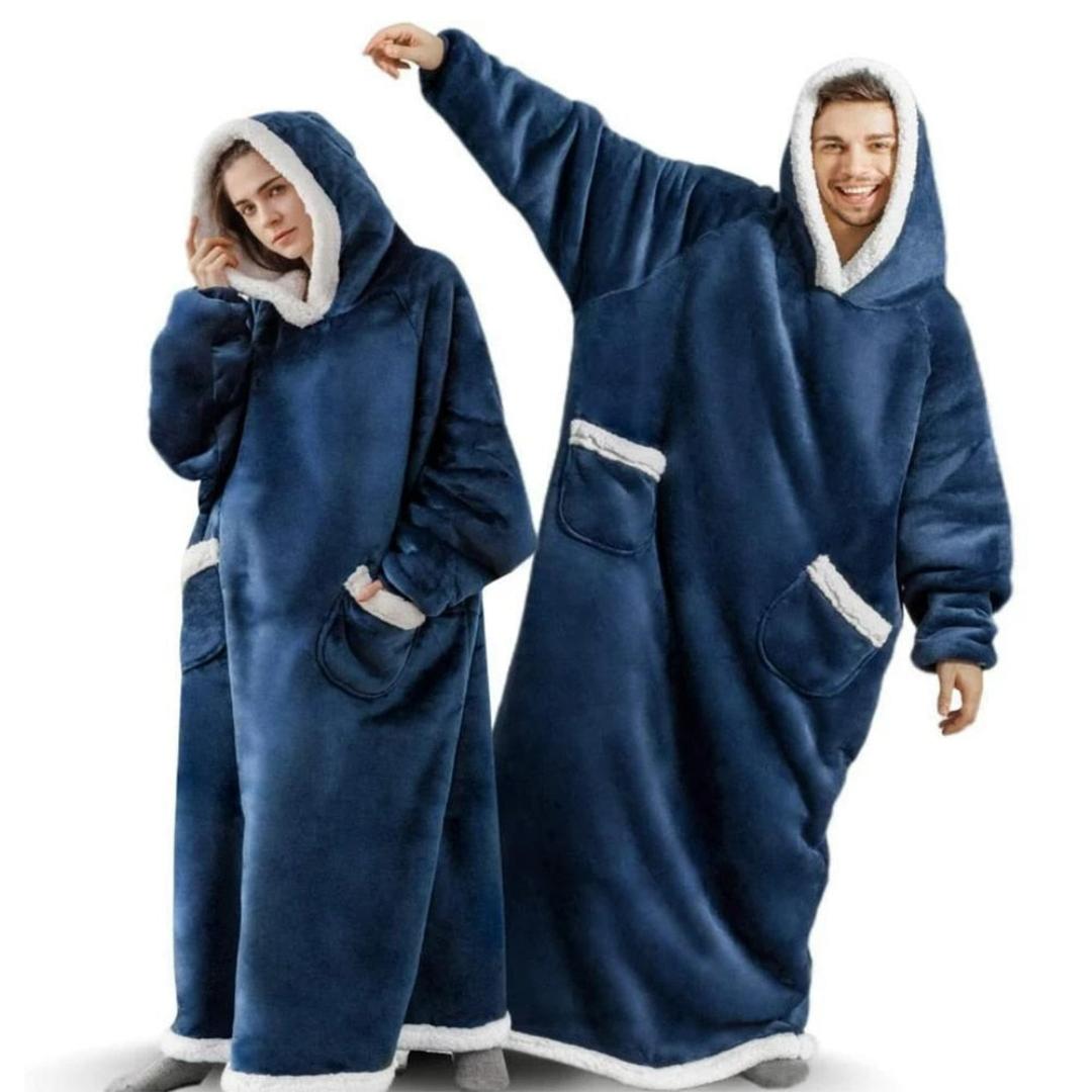 Unisex fleecepyjamas med ærmer – lang hætte-trøje i flannel