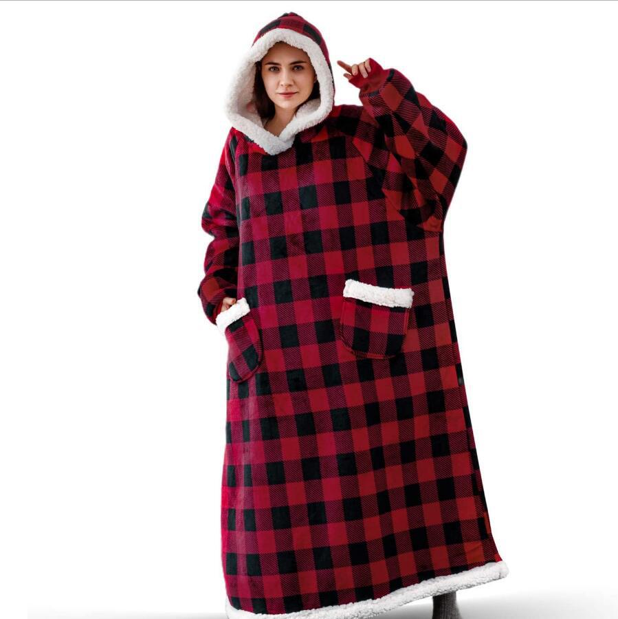 Unisex fleecepyjamas med ærmer – lang hætte-trøje i flannel
