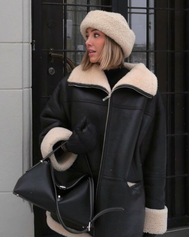 Iris Kvinders Vinterfrakke i Faux Læder – Oversize Snit med Teddy For og Shearling Krave