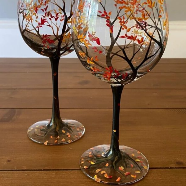 Vinglas med Håndmalet Design - Four Seasons Tree