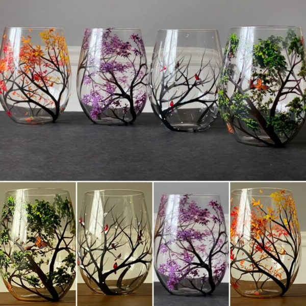 Vinglas med Håndmalet Design - Four Seasons Tree