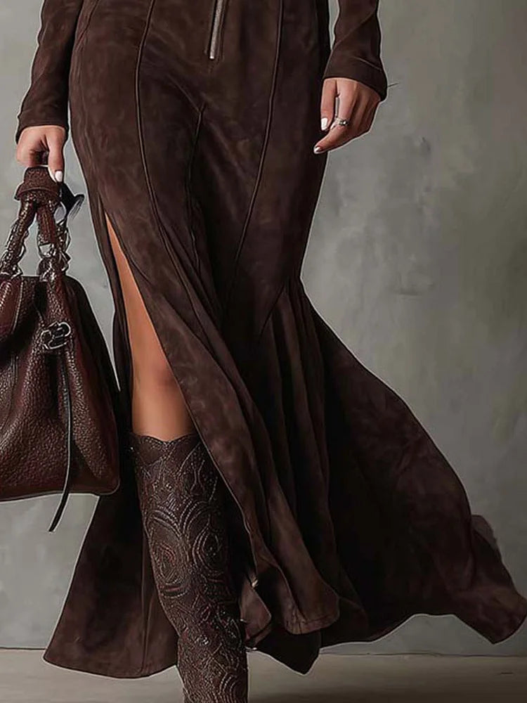 Julina - Chic Lang Kjole i Suede-Lignende Materiale