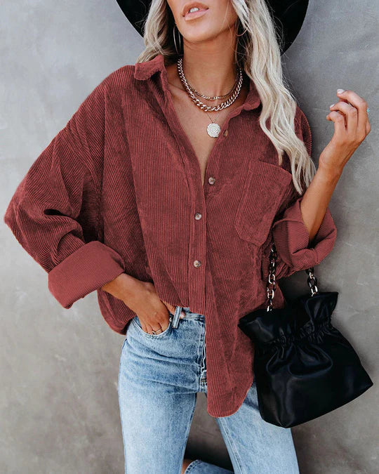 Ainsley Chemise Dame – Casual Vintage Skjorte i Blødt Kordfløjl med Brystlomme