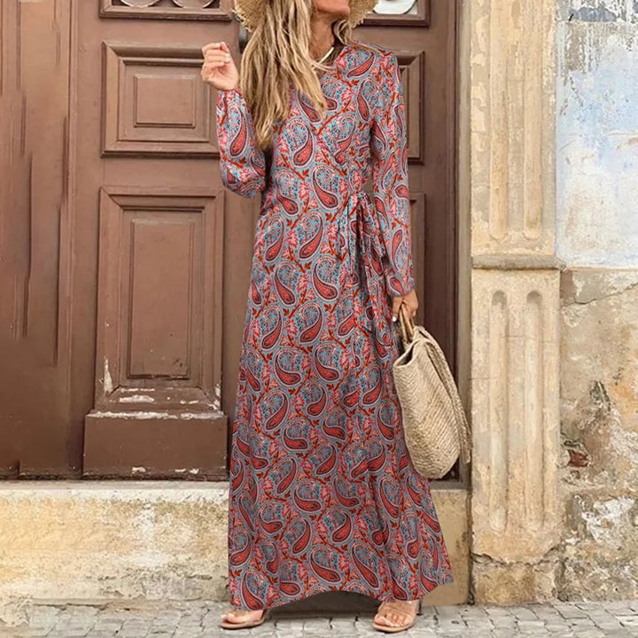 Lang Rød Kjole med Boheme Print til Kvinder | Ideel til Sommerfestivaler