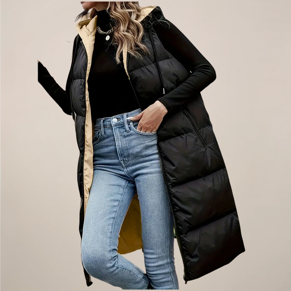 Kvinders Sorte Langline Puffer Gilet – Med Hætte, Lynlås Front, Lynlåslommer