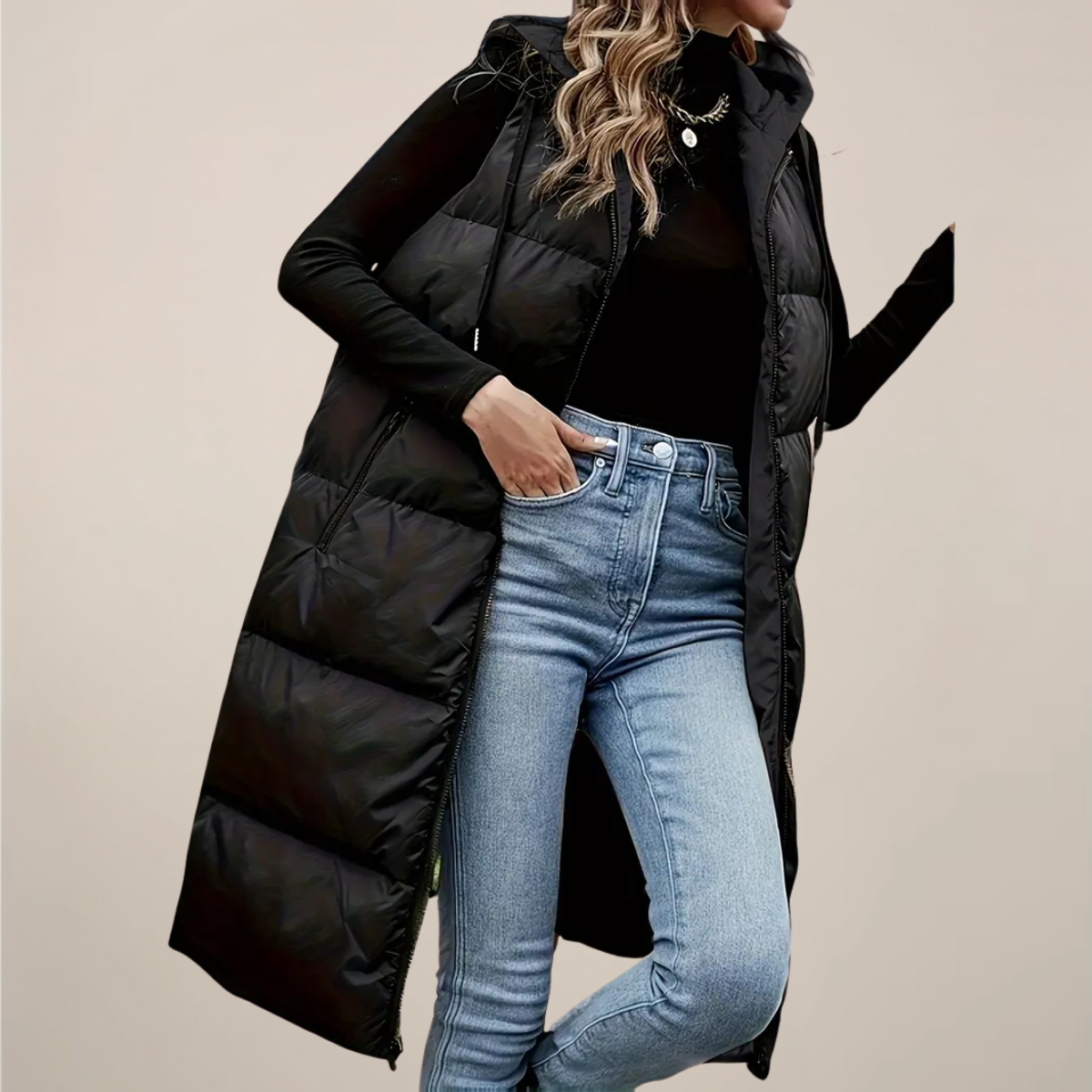 Kvinders Sorte Langline Puffer Gilet – Med Hætte, Lynlås Front, Lynlåslommer