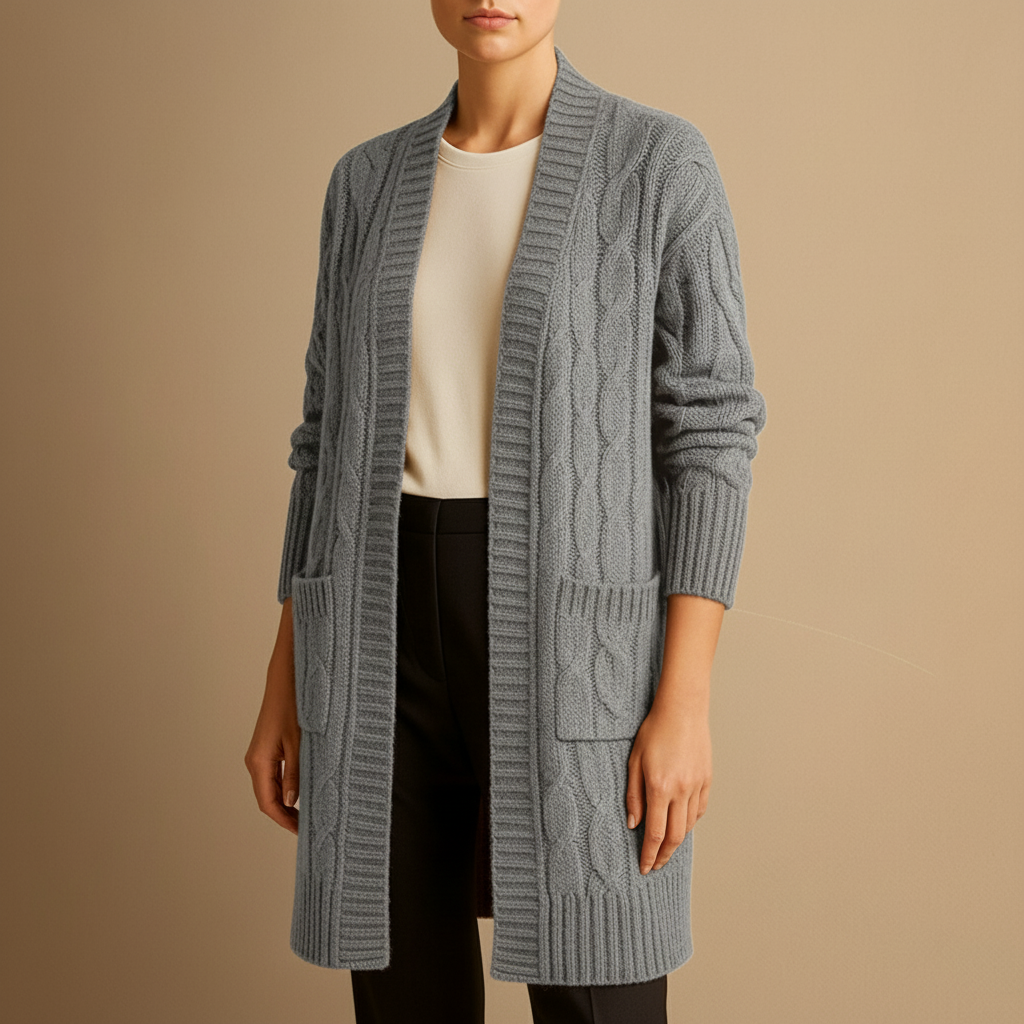 Kvinders Kabelstrikket Lang Cardigan – Åben Front Design med Lommer