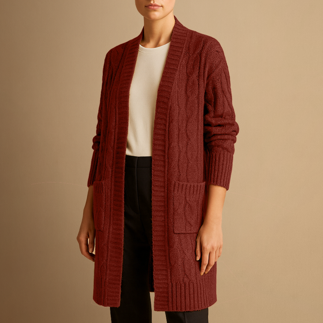 Kvinders Kabelstrikket Lang Cardigan – Åben Front Design med Lommer