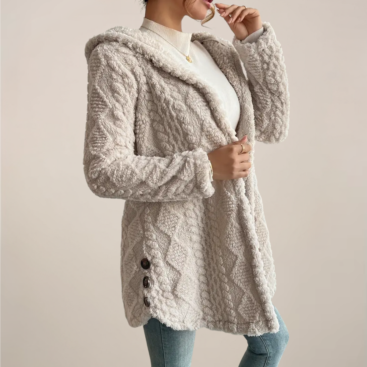 Kvindernes Creme Hættetrøje Jacquard Plush Frakke – Varm Helårs Cardigan Jakke