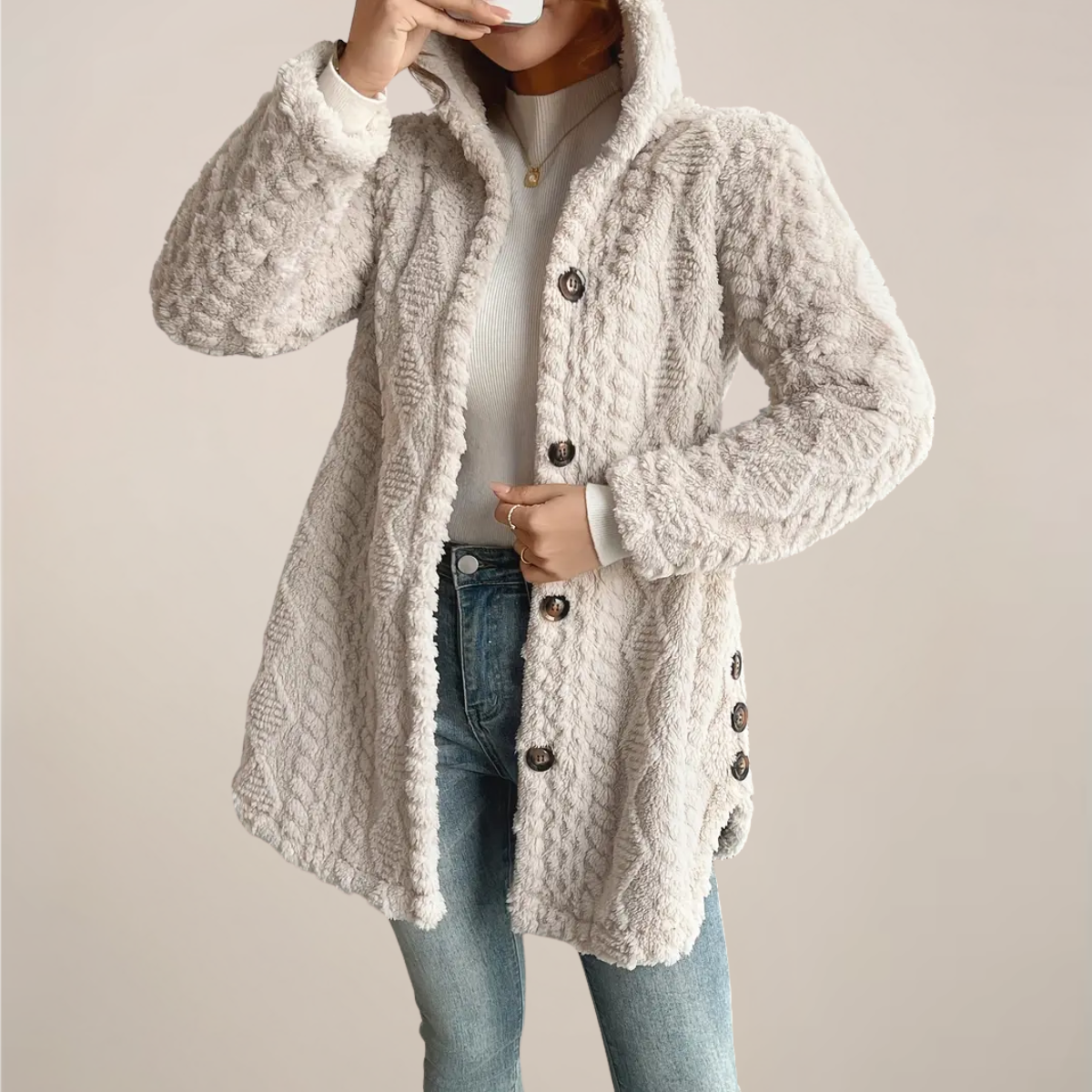 Kvindernes Creme Hættetrøje Jacquard Plush Frakke – Varm Helårs Cardigan Jakke