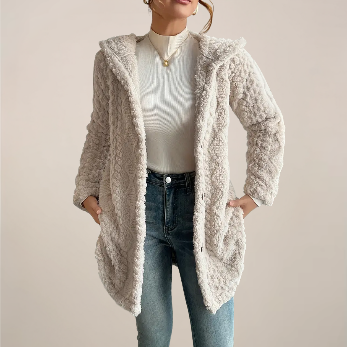 Kvindernes Creme Hættetrøje Jacquard Plush Frakke – Varm Helårs Cardigan Jakke