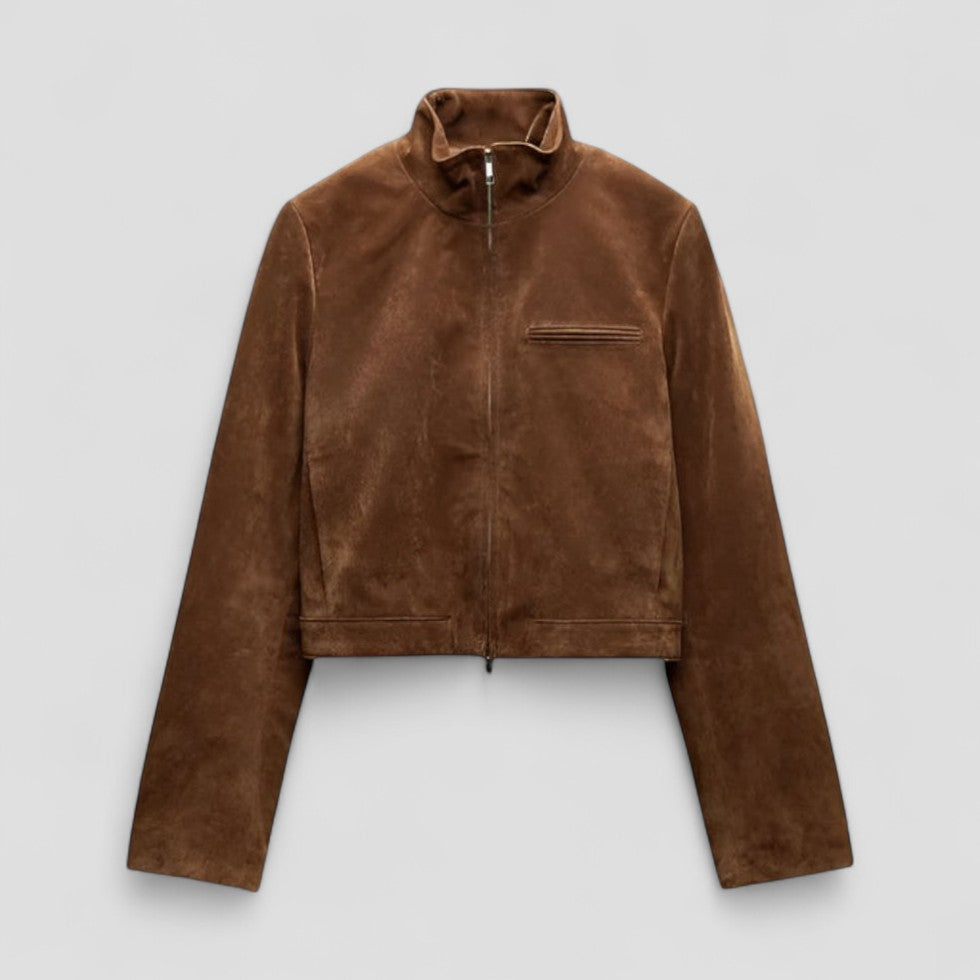 Kvindernes Cropped Suede-Style Jakke med Lynlåsdetalje