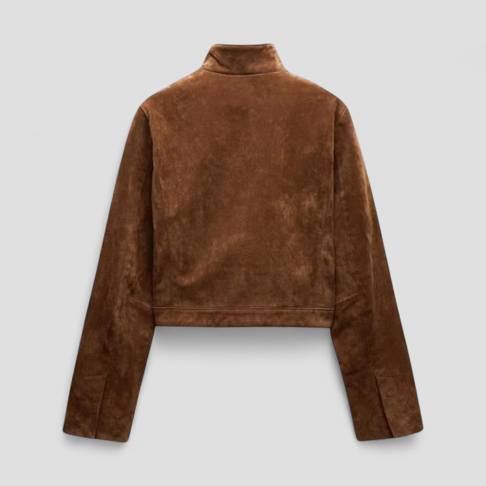 Kvindernes Cropped Suede-Style Jakke med Lynlåsdetalje