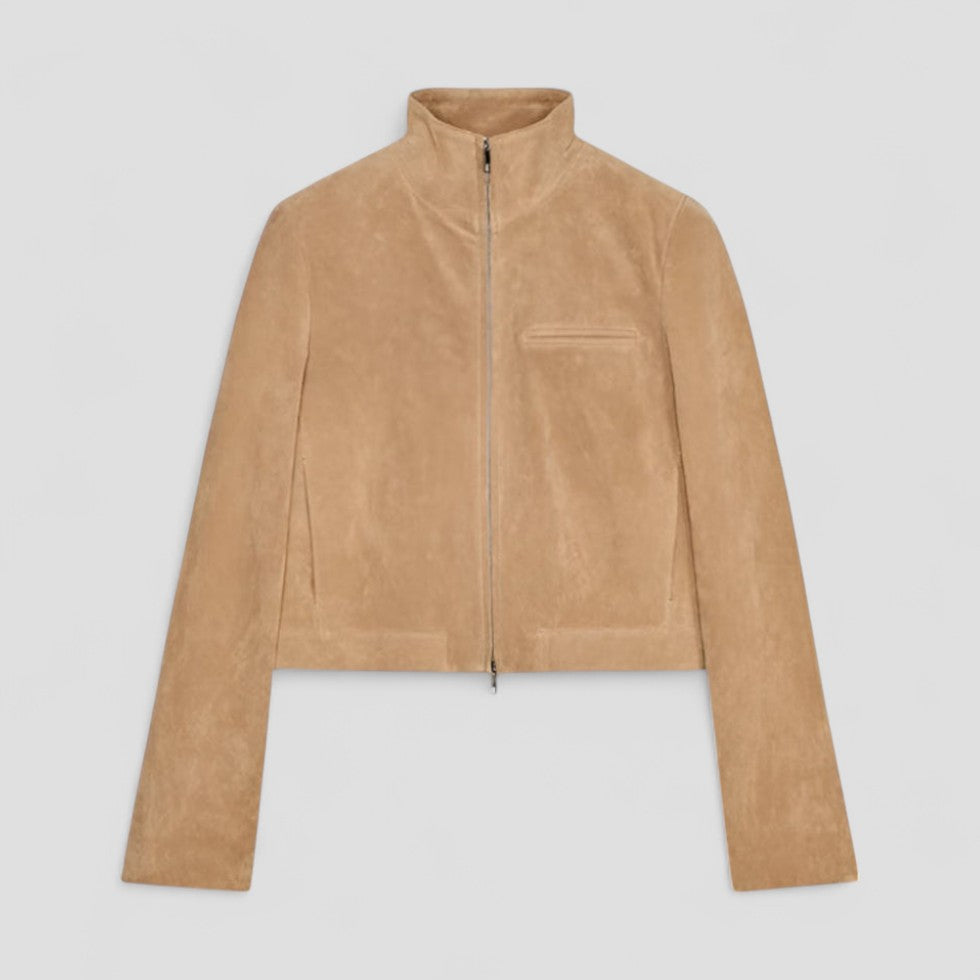 Kvindernes Cropped Suede-Style Jakke med Lynlåsdetalje