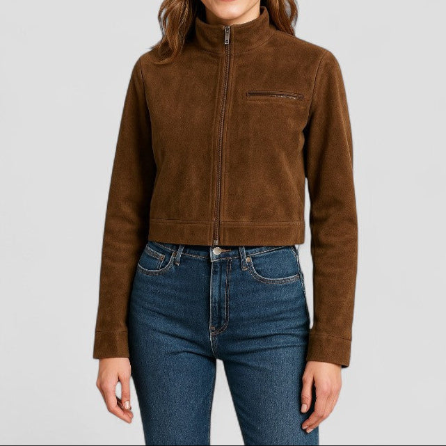 Kvindernes Cropped Suede-Style Jakke med Lynlåsdetalje