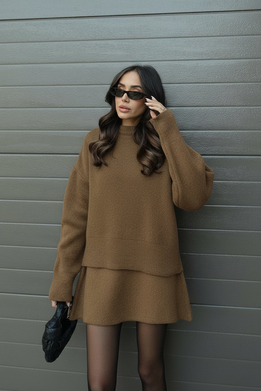 Kvinders Strikket Sweater & Nederdel Sæt – Lange Ærmer, Mini, Co-Ord