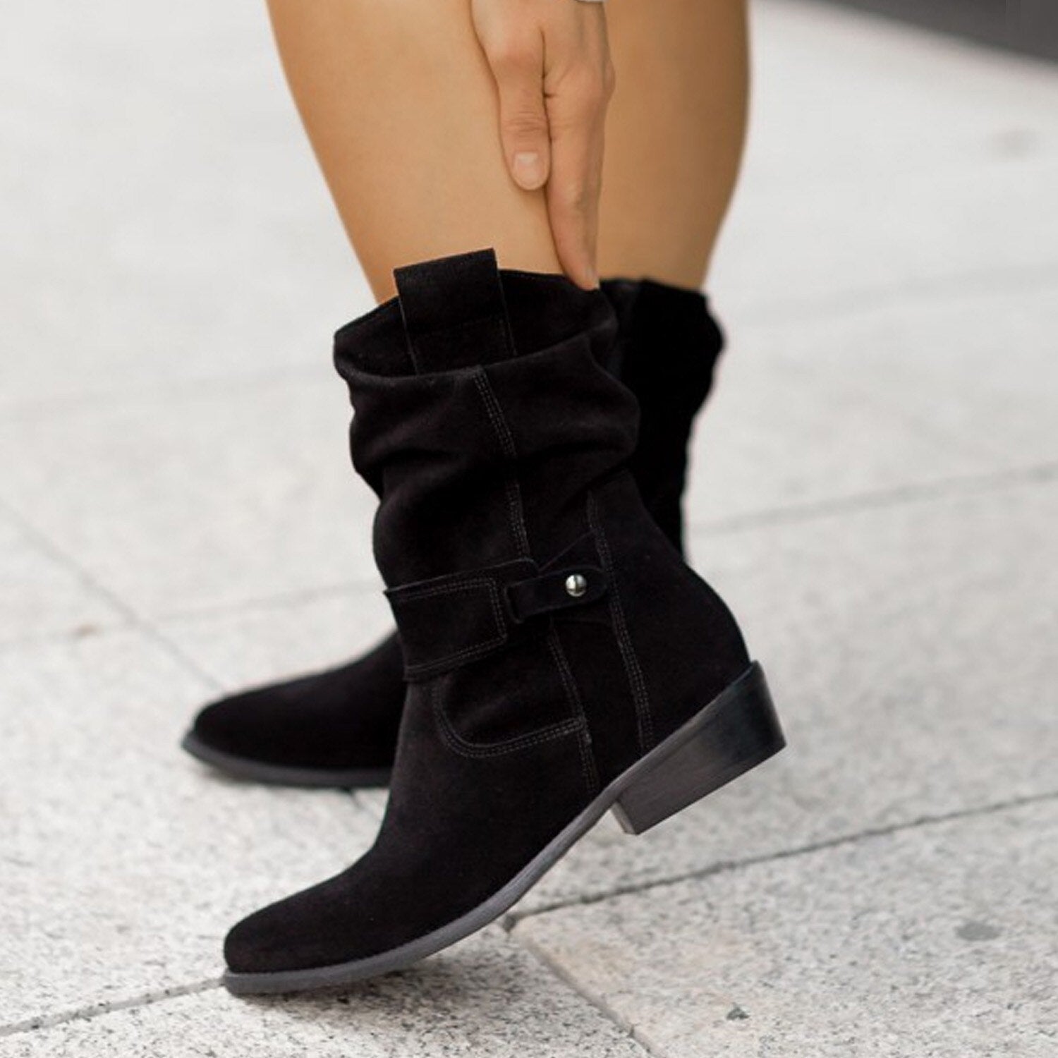 Kvinders Mid-Calf Slouch Støvler med Spænde – Efterårs Casual Fodtøj