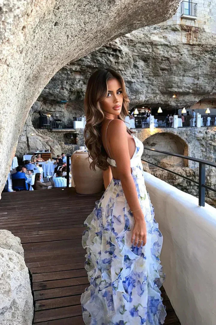 Kvinders Ruffle Maxi Kjole – Afslappet Pasform – Livlig Blomsterprint