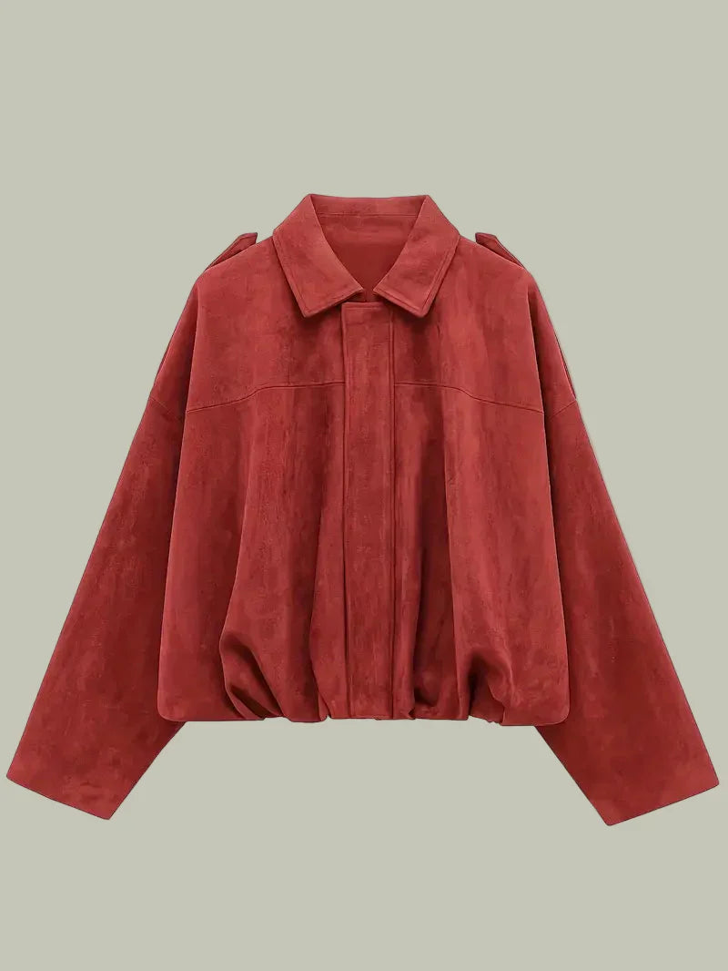 Kvinders Kort Jakke – Faux Suede, Oversized, Elastisk Kant