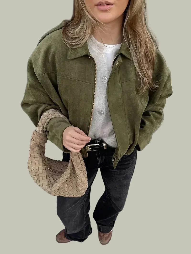 Kvinders Kort Jakke – Faux Suede, Oversized, Elastisk Kant