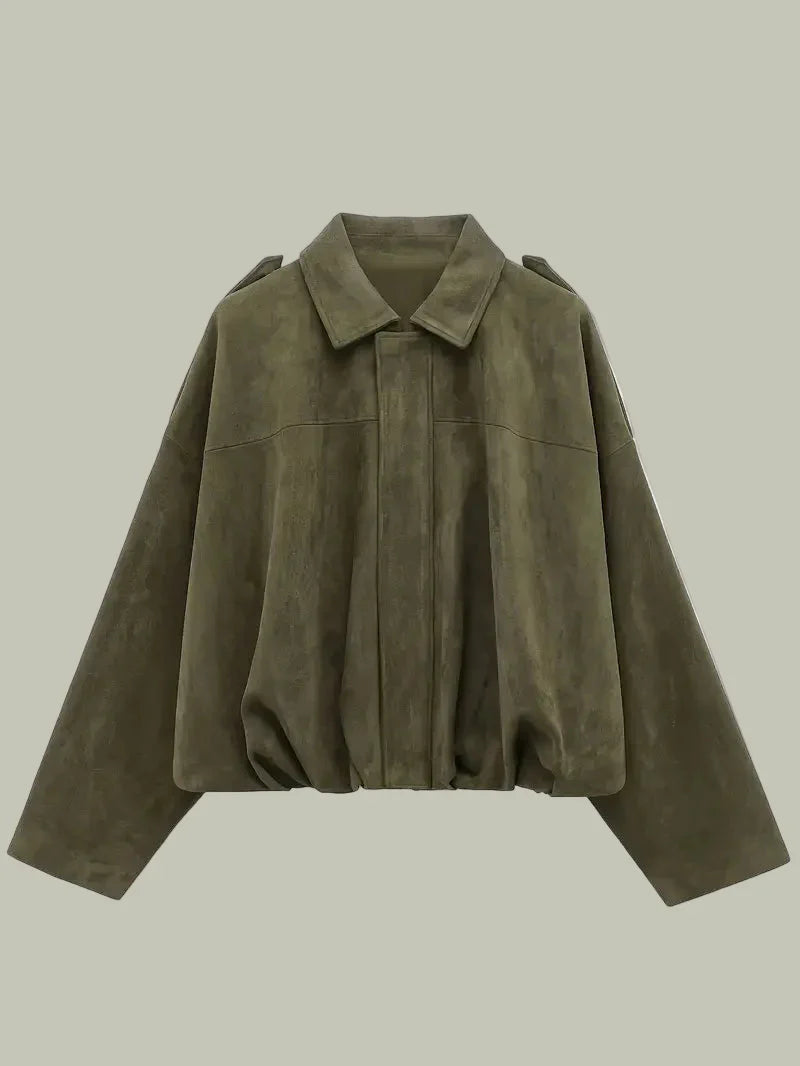 Kvinders Kort Jakke – Faux Suede, Oversized, Elastisk Kant
