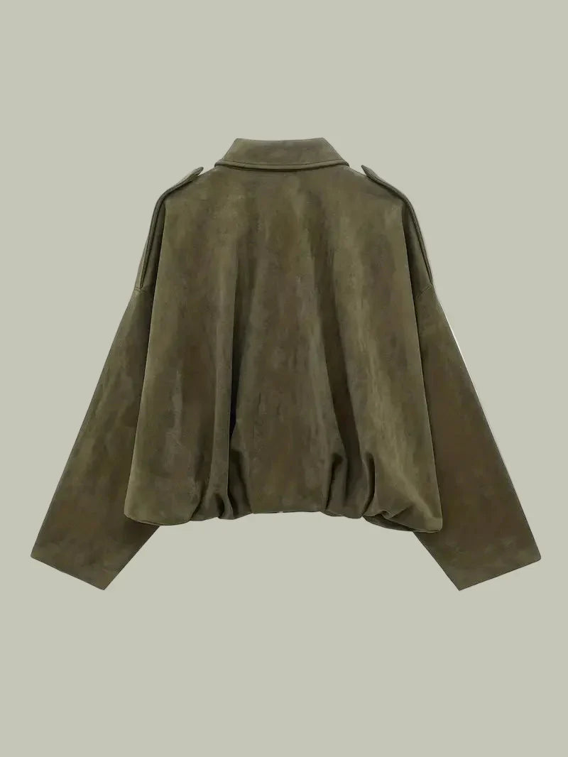 Kvinders Kort Jakke – Faux Suede, Oversized, Elastisk Kant