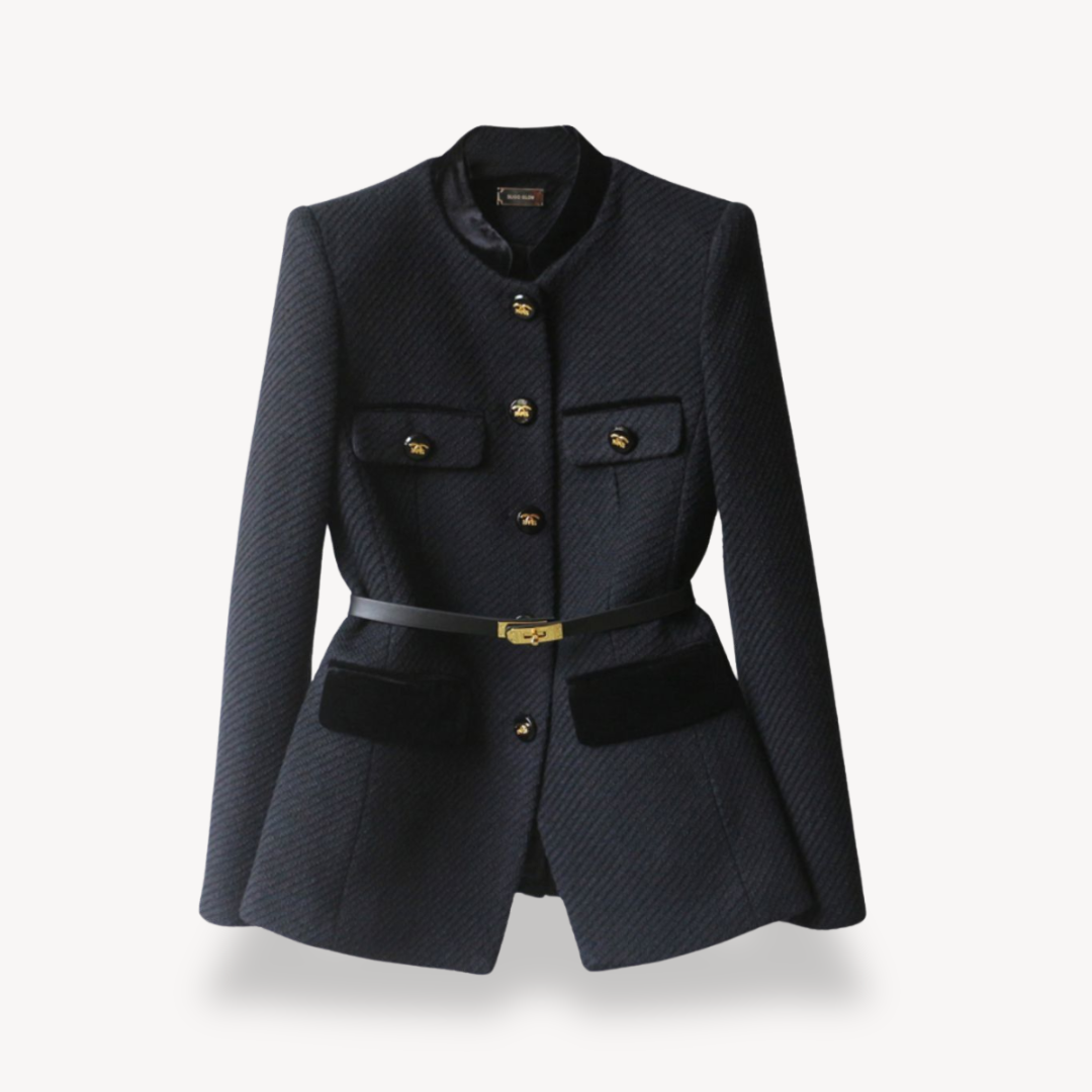 Kvindernes Skræddersyede Blazer med Bælte – Fløjl Detalje & Guldtonet Finish