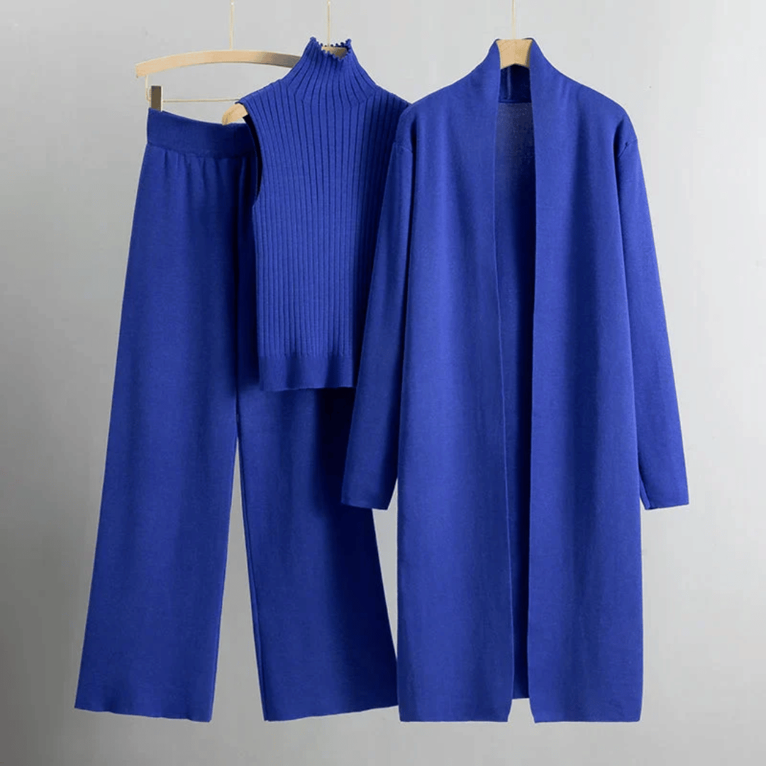 Kvinders Tre-dels Lounge Sæt – Ribbet Strik Top, Bredbens Bukser & Lang Cardigan