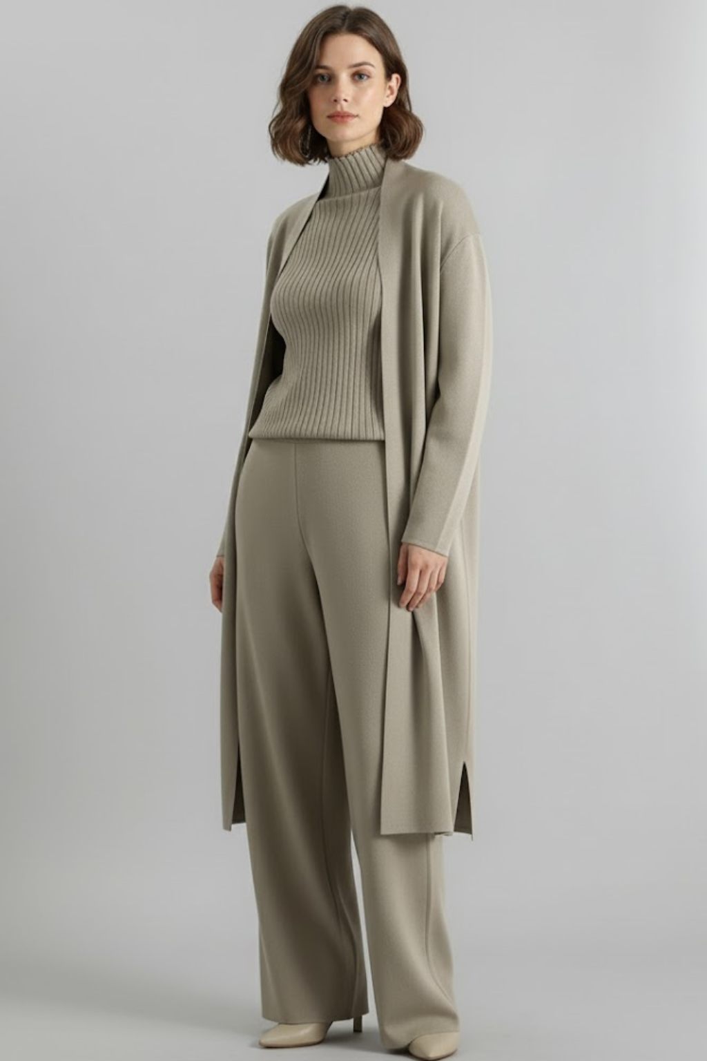 Kvinders Tre-dels Lounge Sæt – Ribbet Strik Top, Bredbens Bukser & Lang Cardigan