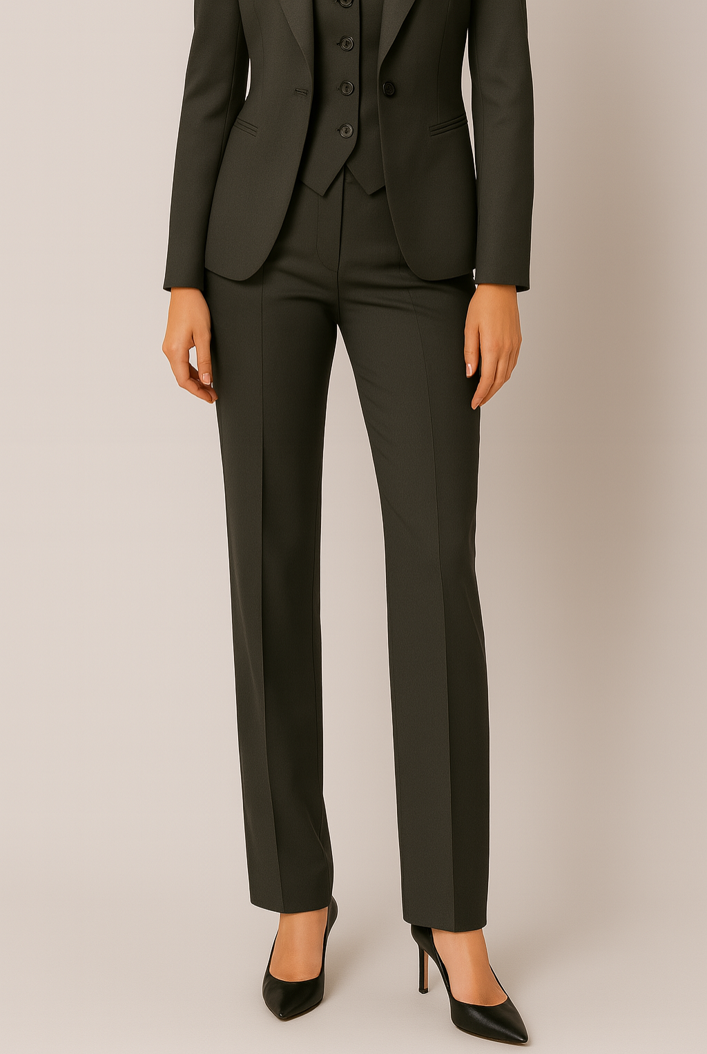 Kvinders sorte tre-delt slim fit jakkesæt – Skræddersyet blazer, vest og bukser – Elegant outfit til alle sæsoner