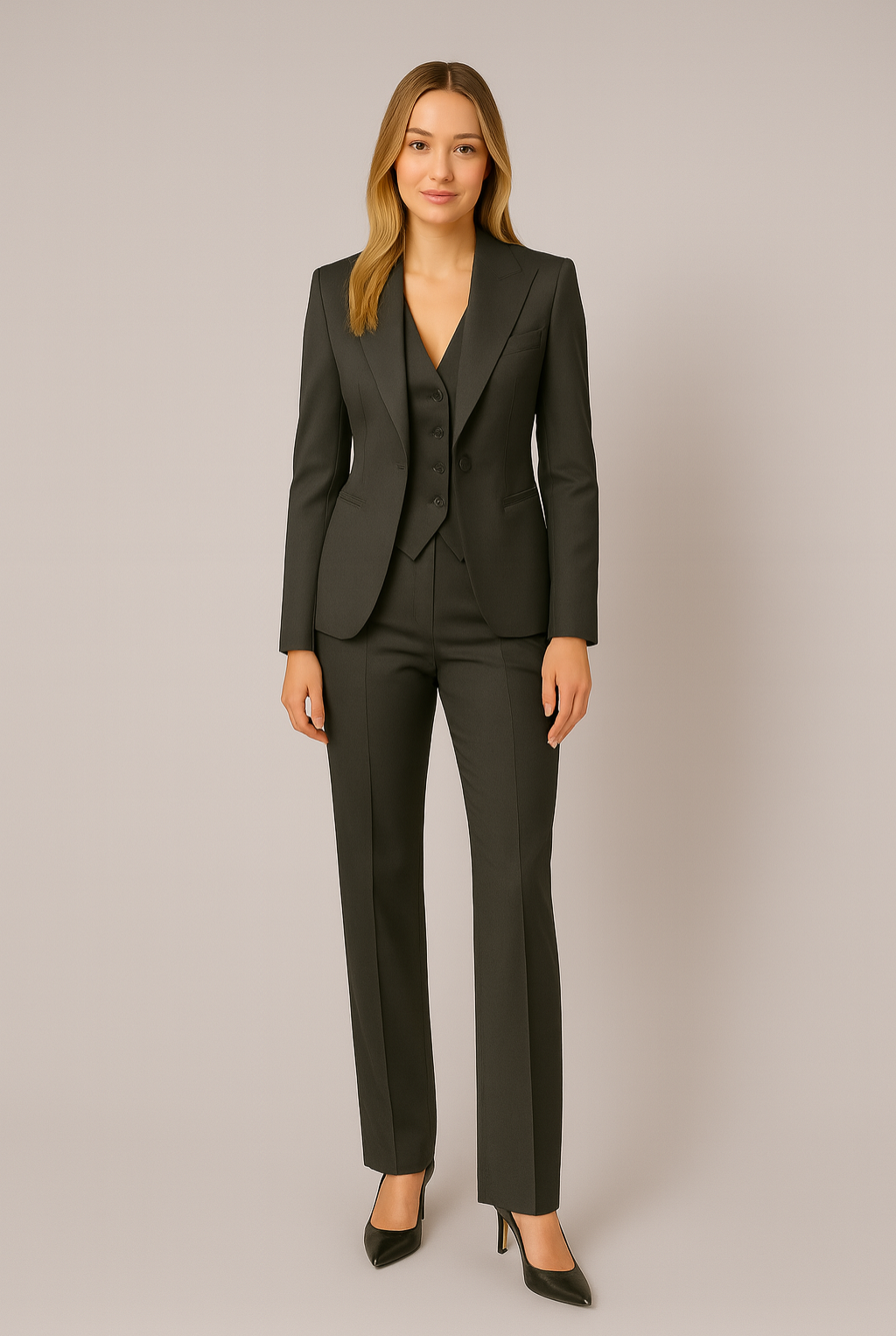 Kvinders sorte tre-delt slim fit jakkesæt – Skræddersyet blazer, vest og bukser – Elegant outfit til alle sæsoner