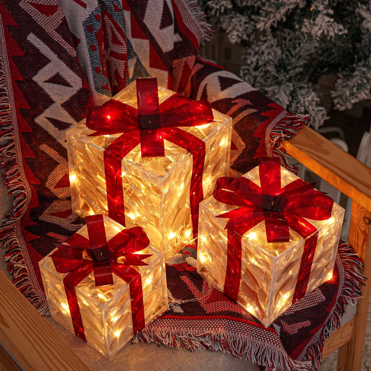 LED-julklappsbelysning – set med 3 belysta presentlådor för inomhus- och utomhusbruk