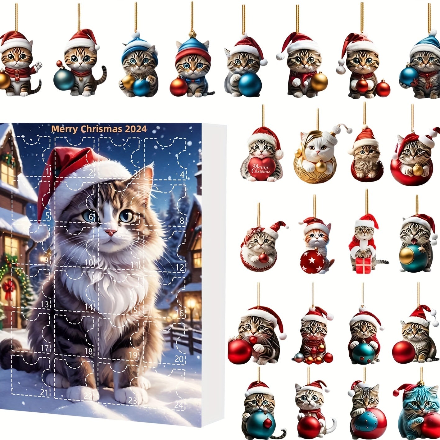 Adventskalender Katteophæng 2025 – Vintage 24-Dages Jule Countdown med Akryl Ornamenter