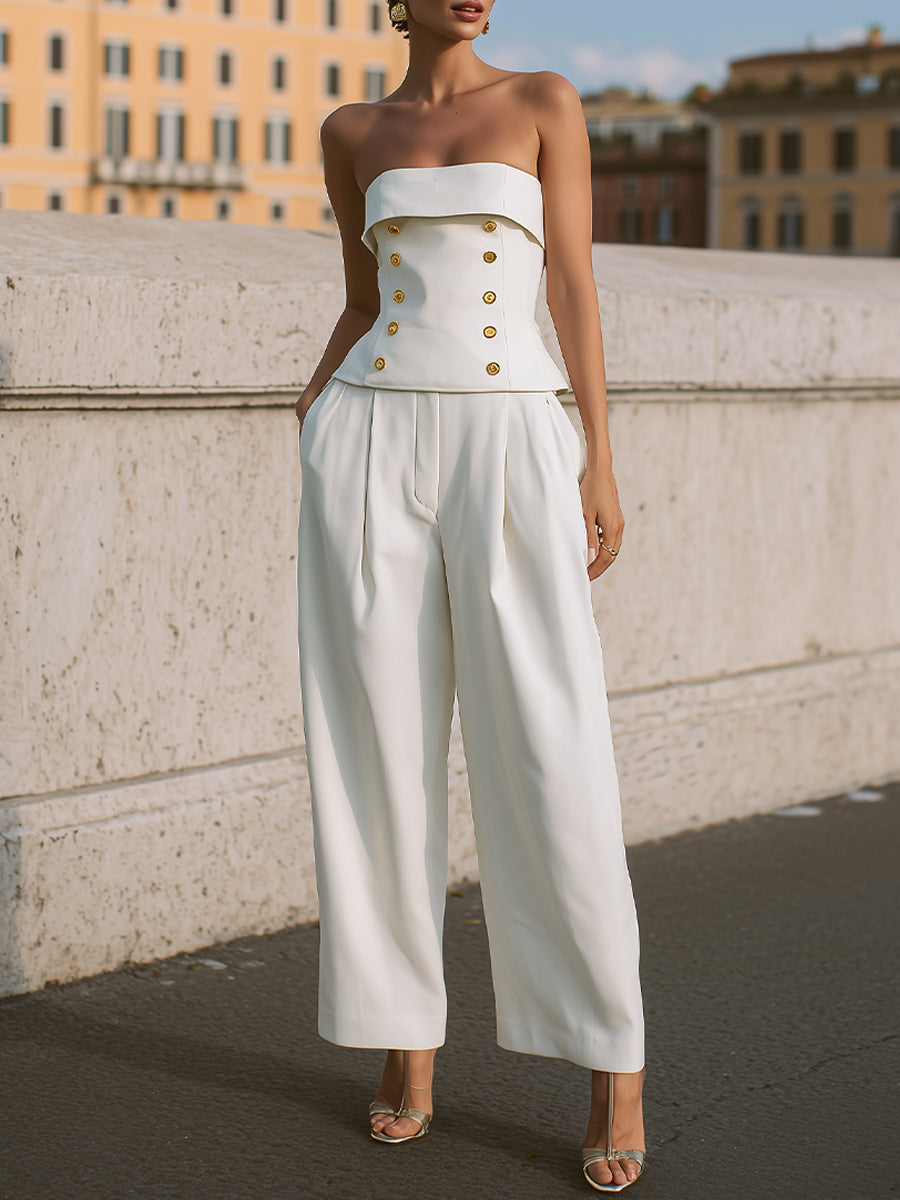 Strapless Peplum Sæt: Guld-Knap Top & Bredbenede Bukser