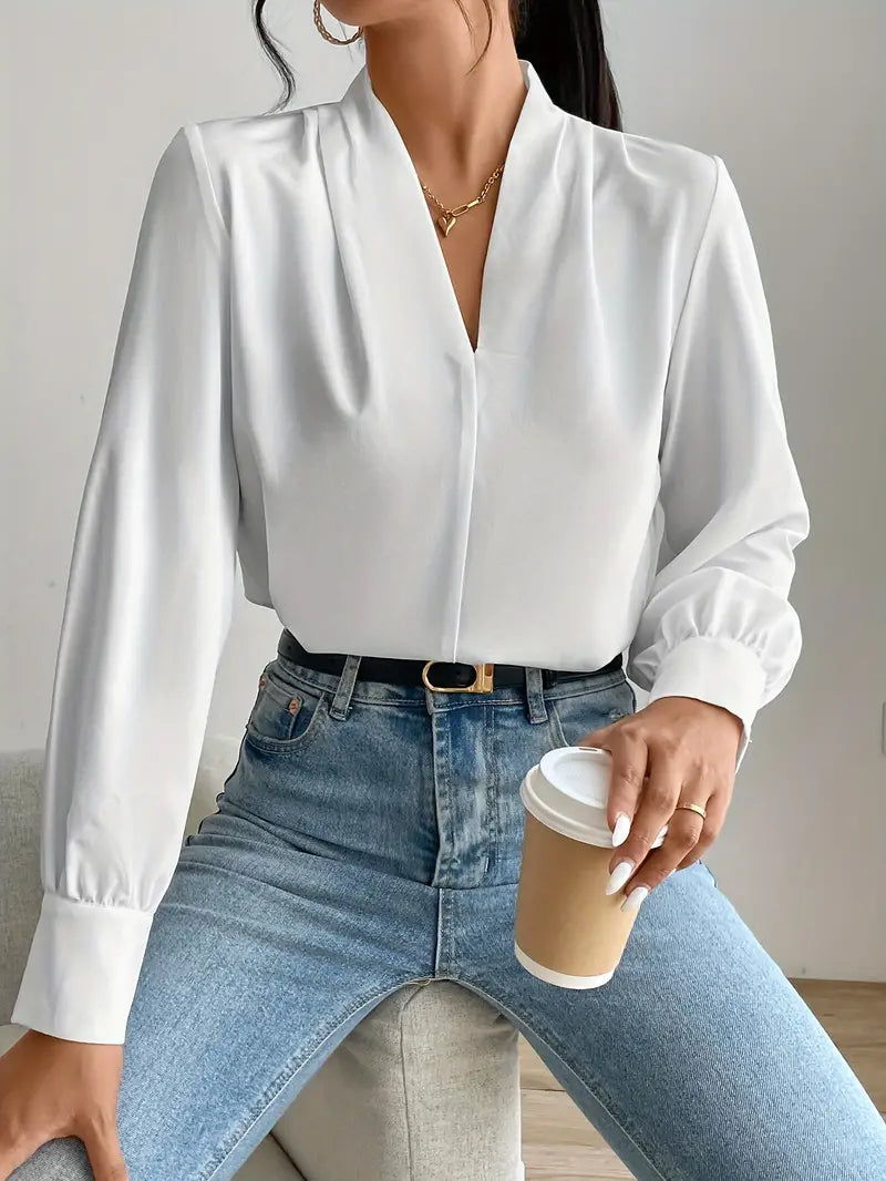 Kvinders Bluse Sort V-Hals Polyester Elegant Komfortabel