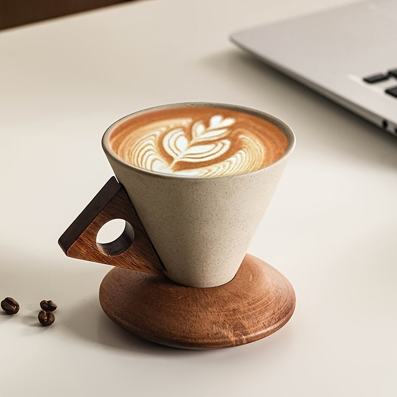 BaristaLuxe Keramisk Kaffe Kop 250ml – Håndlavet med Træhåndtag og Underlag