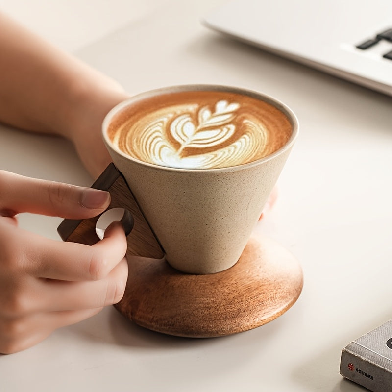 BaristaLuxe Keramisk Kaffe Kop 250ml – Håndlavet med Træhåndtag og Underlag